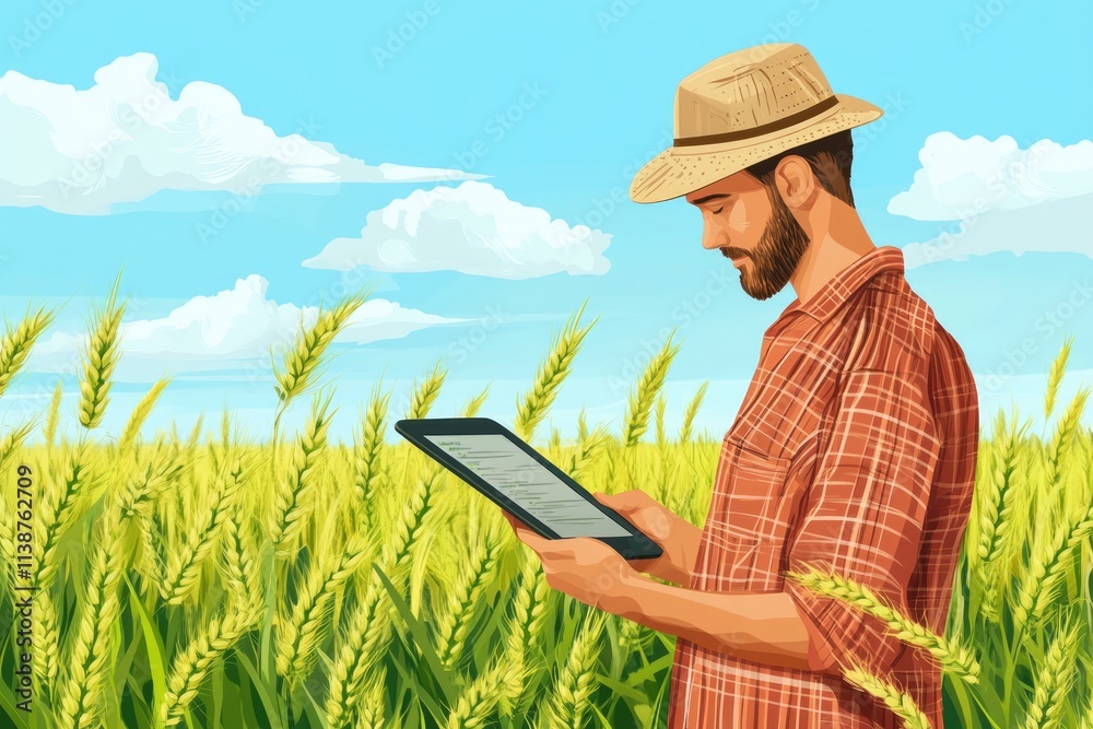 Smart Farming: A Farmer Utilizing Tablet Technology to Analyze Agricultural Data with Visual Icons Representing Innovative Practices