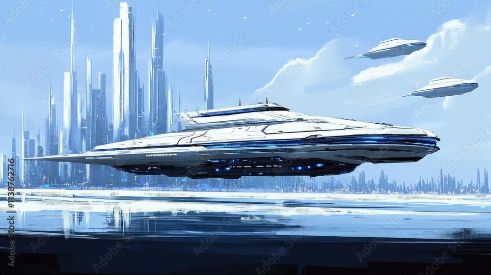 custom made wallpaper toronto digitalFuturistic white ship flying over frozen city.