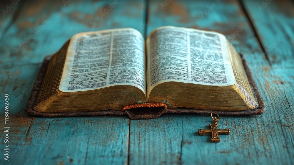Fototapeta premium An open Bible lies on a weathered wooden table, accompanied by a small cross pendant. The setting evokes a sense of peace and spiritual contemplation
