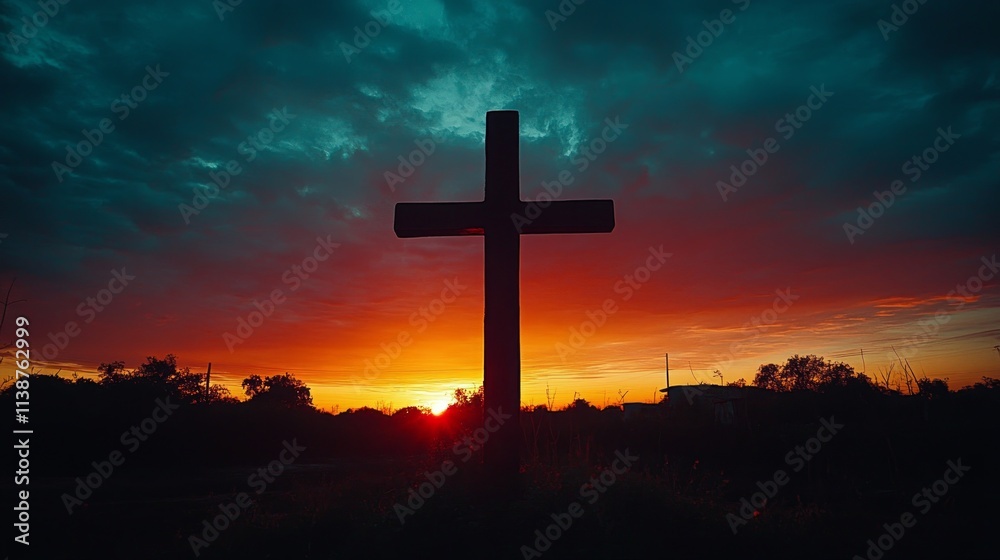 A silhouette of a large cross against a breathtaking sunset with vibrant hues of orange, yellow, and purple filling the sky. This moment evokes reflection A silhouette of a large cross against a breathtaking sunset with vibrant hues of orange, yellow, and purple filling the sky. This moment evokes reflection