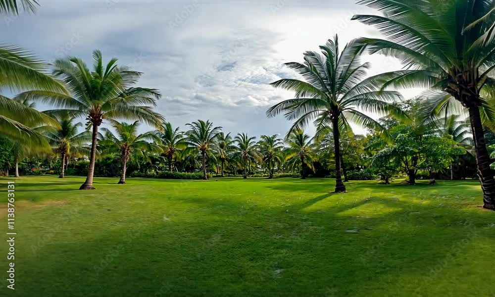 Lush green landscape with palm trees under a cloudy sky. Perfect for relaxation and nature appreciation. Lush green landscape with palm trees under a cloudy sky. Perfect for relaxation and nature appreciation.
