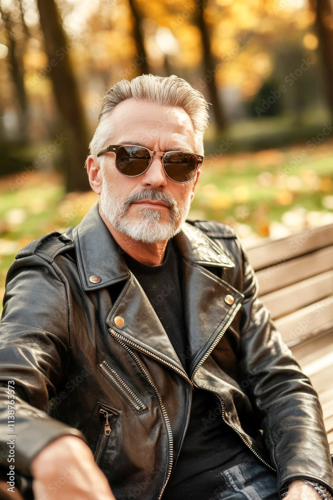 Stylish mature caucasian male in black leather jacket and sunglasses in autumn Stylish mature caucasian male in black leather jacket and sunglasses in autumn