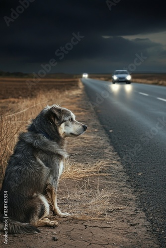 A dog sits patiently on the edge of a deserted road while cars drive by under a darkening sky. The surrounding landscape is dry and empty, creating a somber atmosphere photo