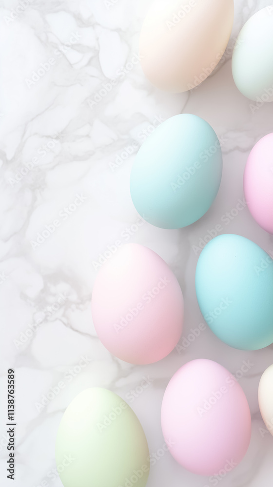 Fototapeta premium Soft-hued eggs in shades of blue, pink, and green adorn a smooth marble backdrop, celebrating the arrival of spring