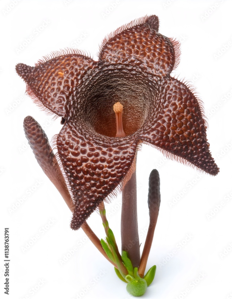 Obraz premium Close up of a stapelia gigantea carrion flower showcasing its unique textured petals and vibrant color against a clean white backdrop