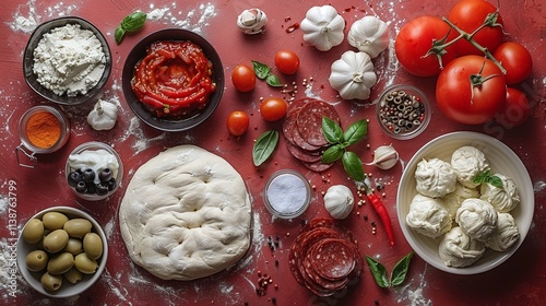 Pizza ingredients and dough flat lay, Italian cuisine preparation, red background food photography, fresh tomatoes, garlic, cheese, olives, top view, copy space

