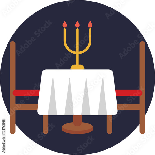 A minimalistic table, surrounded by two chairs. 