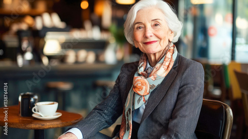 Elderly caucasian female enjoying coffee at a cozy cafe