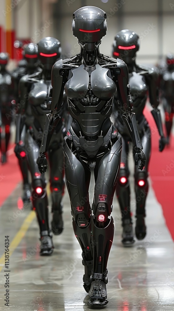 A line of humanoid robots with a sleek design and glowing accents, showcasing advanced technology. A line of humanoid robots with a sleek design and glowing accents, showcasing advanced technology.