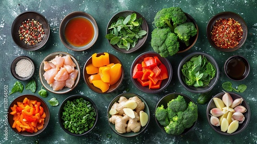 Colorful fresh vegetables and spices for cooking, top view food photography, healthy organic ingredients, flat lay with green background, vibrant food composition

