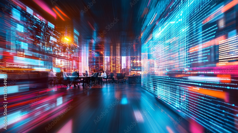 Futuristic Open-Plan Office with Professionals and Digital Technology at Night Futuristic Open-Plan Office with Professionals and Digital Technology at Night