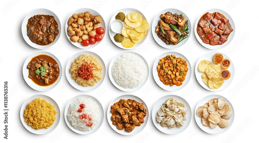 An assortment of Sri Lankan food, featuring a mix of rice, curry, and accompaniments like papadam, arranged on different plates in a top-down view on a white background with a clipping path An assortment of Sri Lankan food, featuring a mix of rice, curry, and accompaniments like papadam, arranged on different plates in a top-down view on a white background with a clipping path