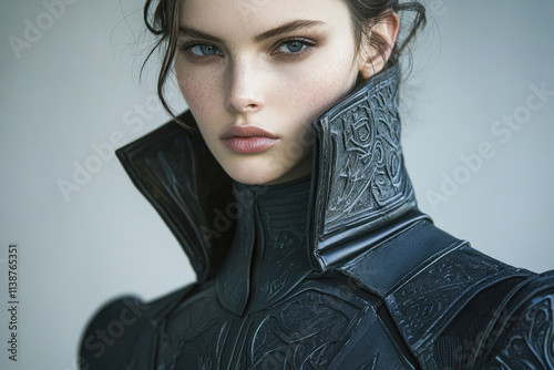 Young caucasian female in intricate black armor with high collar and ornate designs photo