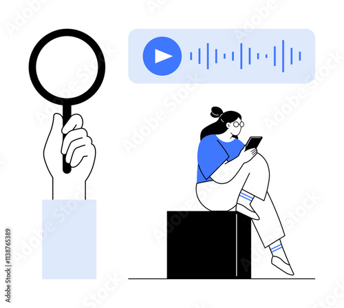 Woman holds smartphone analyzing an audio waveform, magnifying glass highlights search. Ideal for technology, research, online learning, podcasts, audio content, remote work data analysis. Line