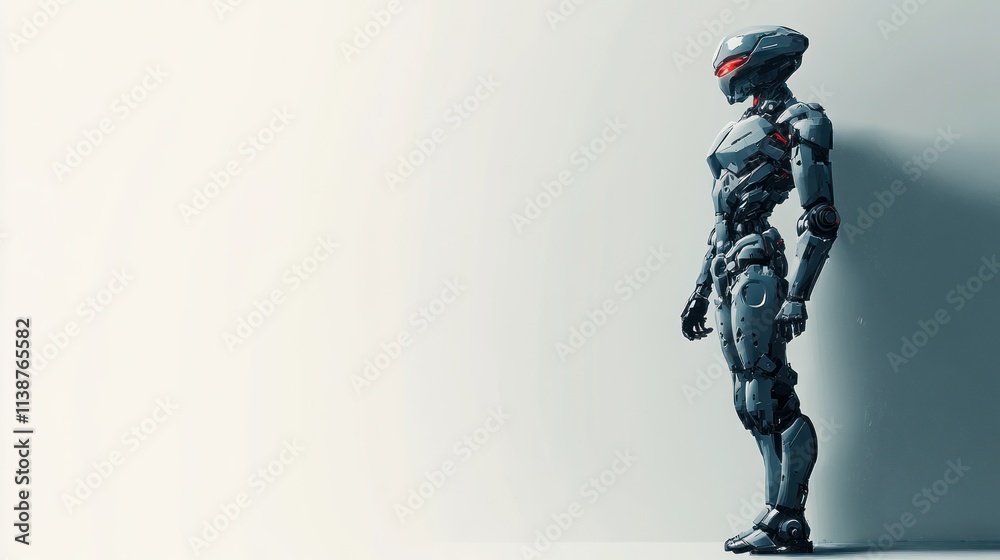 Grey humanoid robot stands against wall. Grey humanoid robot stands against wall.