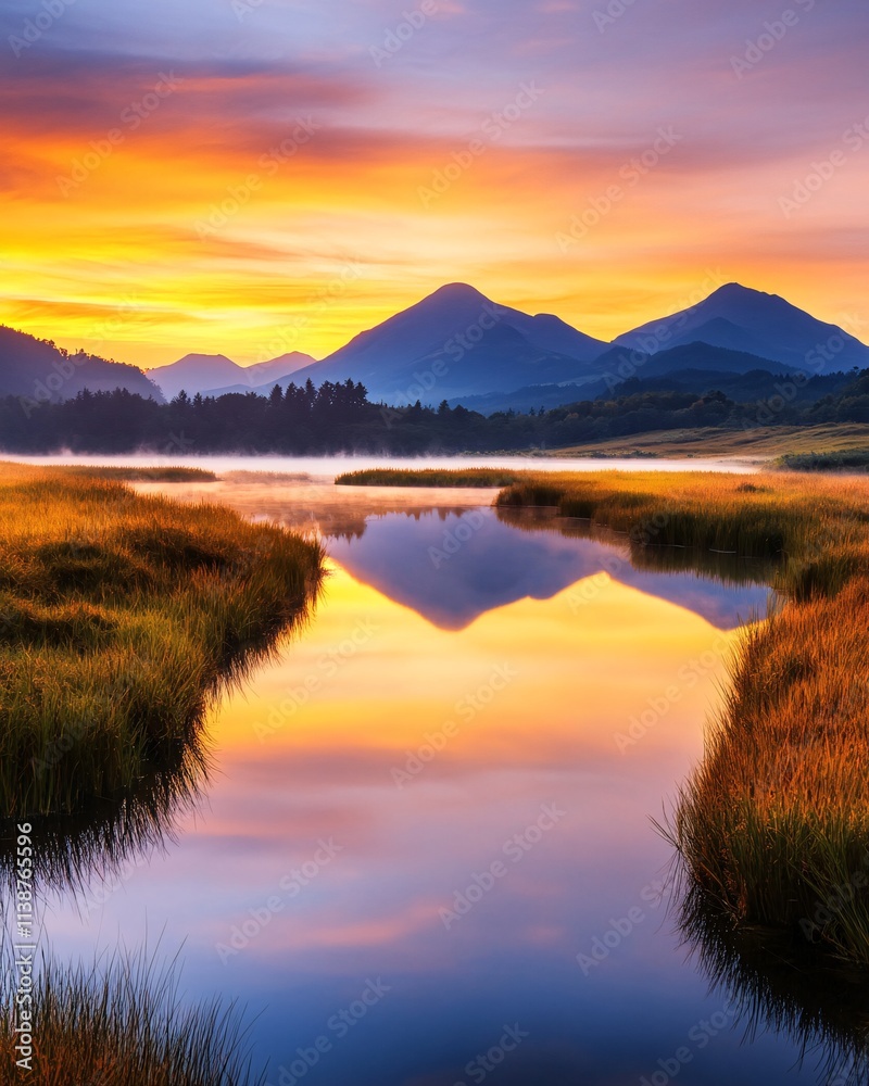 Fototapeta premium Majestic Mountain Reflection in Golden Twilight Over a Tranquil Meadow Stream