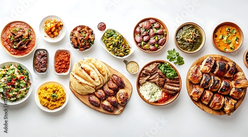 An assortment of traditional Indian foods displayed on a white surface, seen from a top view