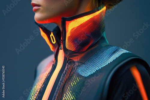 Futuristic fashion: close-up of young caucasian female in neon techwear jacket photo