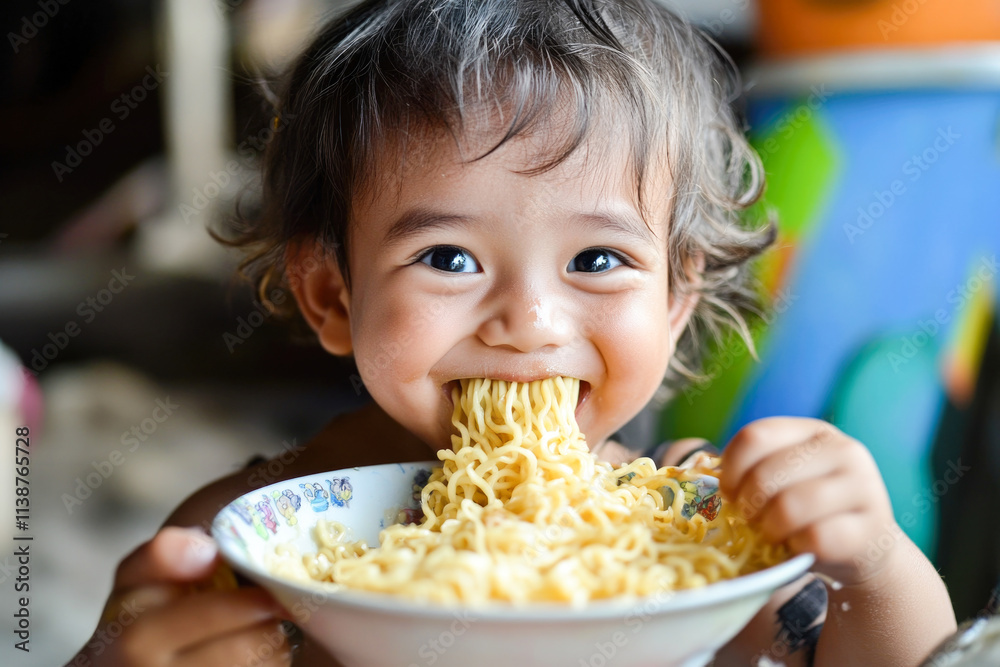 Happy asian child enjoying noodles Happy asian child enjoying noodles