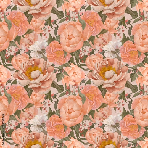 peony seamless pattern watercolor flowers botanical vintage
