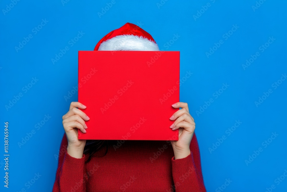Copyspace. Isolated white white adult human woman in red xmas hat with parcel in hands, on blue background. Kid with santa. Blue santa hat. Christmas design professional. Santa studio port. Copyspace. Isolated white white adult human woman in red xmas hat with parcel in hands, on blue background. Kid with santa. Blue santa hat. Christmas design professional. Santa studio port.