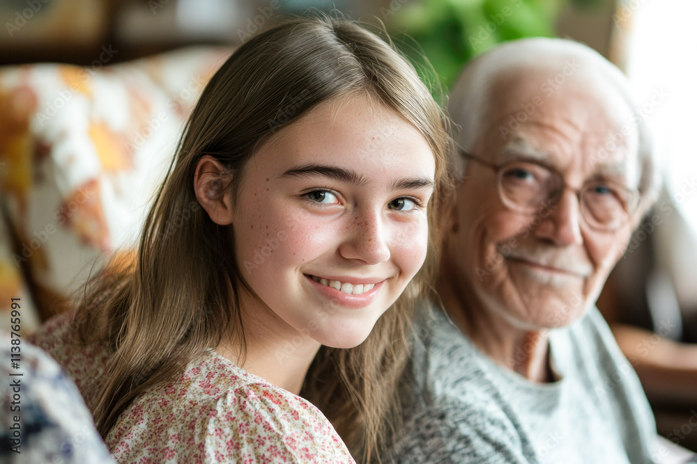 Young caucasian female smiling with elderly caucasian male grandfather in cozy setting Young caucasian female smiling with elderly caucasian male grandfather in cozy setting