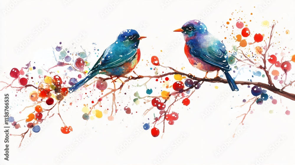 Fototapeta premium Two Bluebirds on a Colorful Berry Branch: A Watercolor Painting