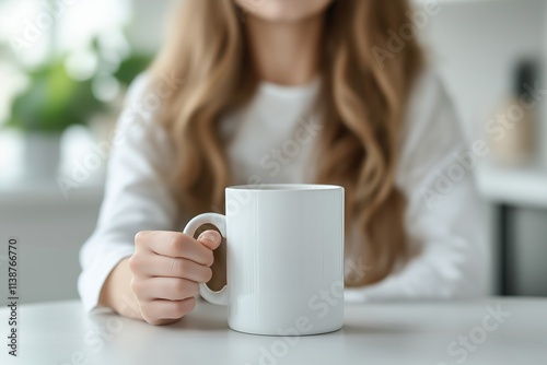 A young woman with long hair holds a plain white mug in a bright, minimalistic kitchen setting