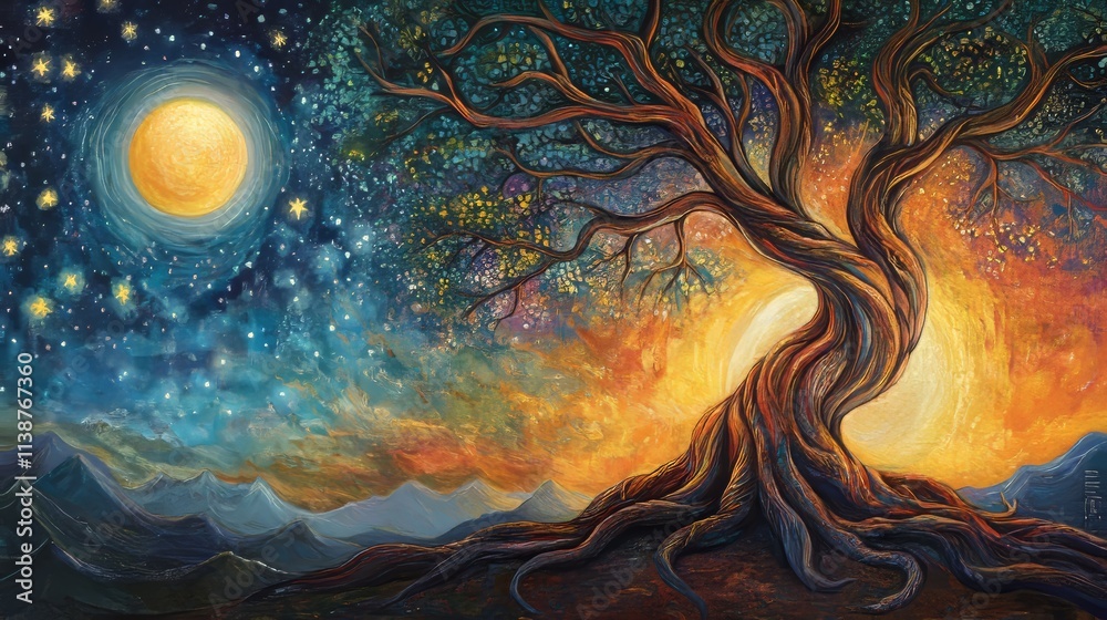 A magical tree stands tall with its roots intertwined. Its branches stretch towards the heavens, reaching for the twinkling stars above. In the background, the sun and moon hang in the night sky A magical tree stands tall with its roots intertwined. Its branches stretch towards the heavens, reaching for the twinkling stars above. In the background, the sun and moon hang in the night sky