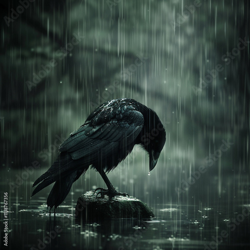 sad crow in the rain