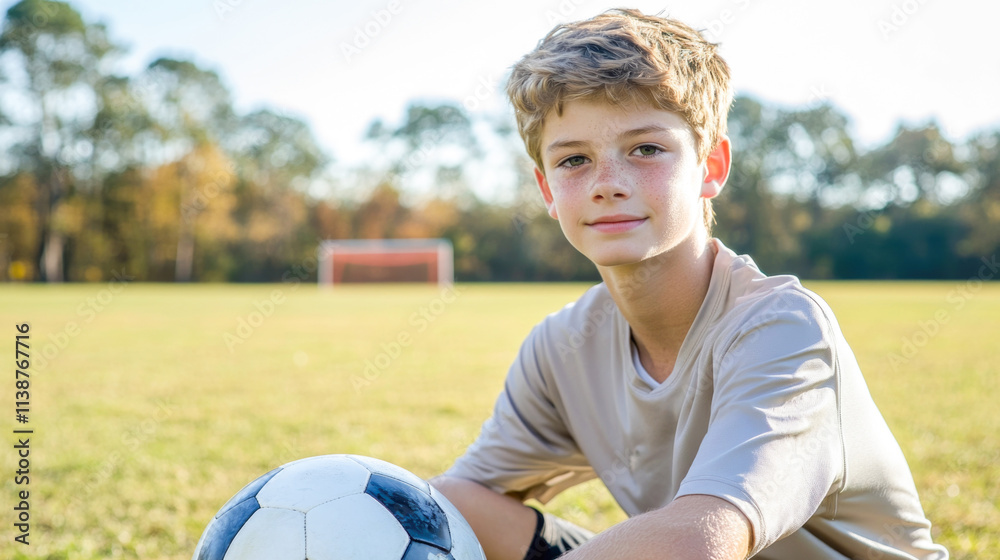 Young caucasian male teen enjoying soccer on sunny field
