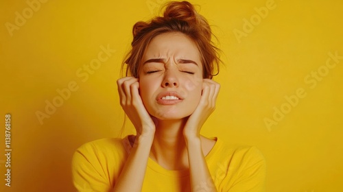 Frustrated Caucasian Woman Covering Ears, Gritting Teeth in Reaction to Disturbingly Loud Noise, Vibrant Yellow Backdrop photo