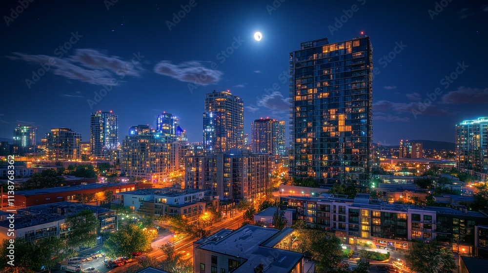 Fototapeta premium Nighttime view of a technologically advanced city with sleek, illuminated skyscrapers. Premium background for the latest technology needs.