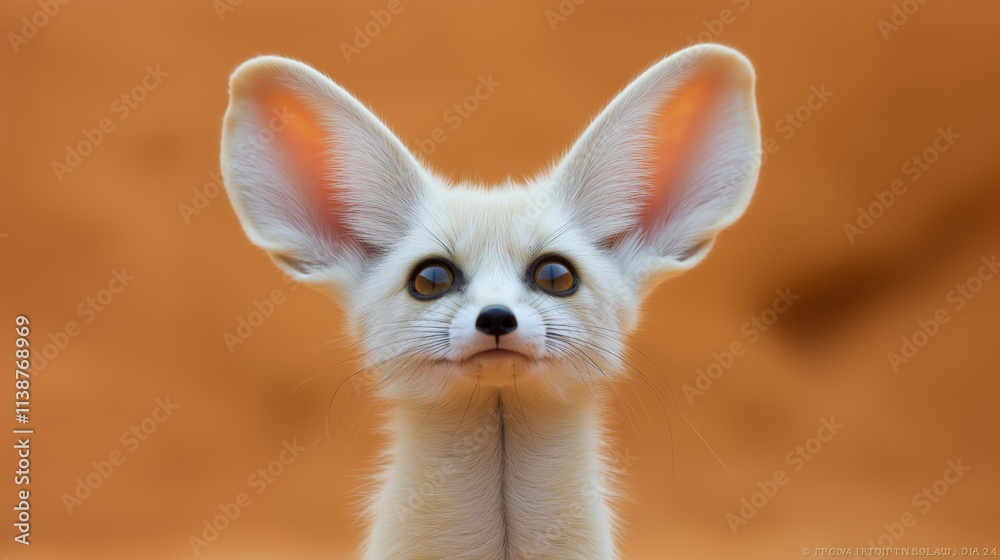 Obraz premium Close-up of a fennec fox with large ears against an orange background, showcasing its expressive eyes and soft fur