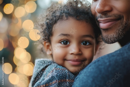 Happy child hugging father with festive lights in background