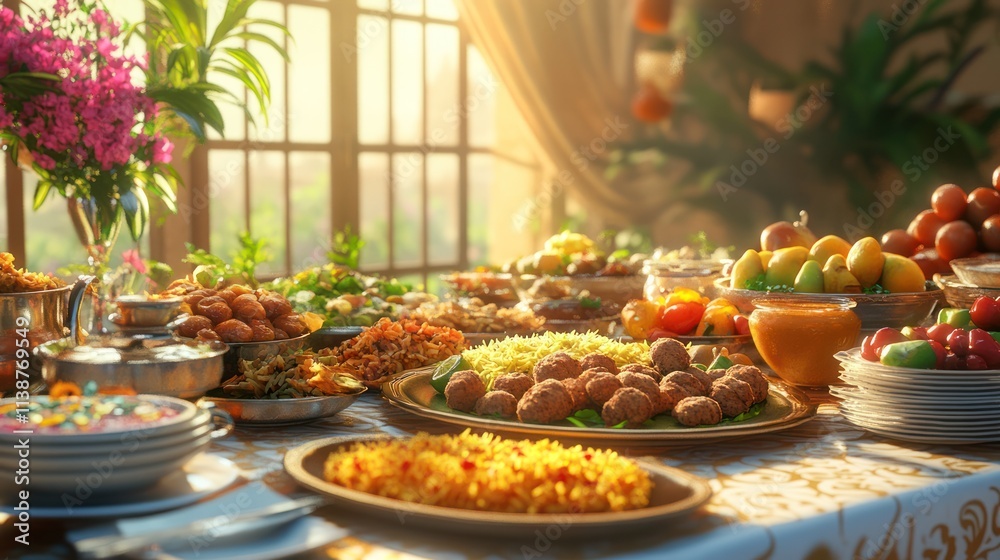 Abundant, colorful spread of diverse dishes on a table, bathed in warm sunlight through a window, filled with fruits, vegetables, and various foods. Abundant, colorful spread of diverse dishes on a table, bathed in warm sunlight through a window, filled with fruits, vegetables, and various foods.