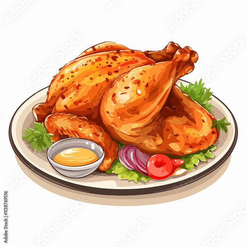 Tasty broaster chicken on dish vector illustration for food and restaurant promotions photo