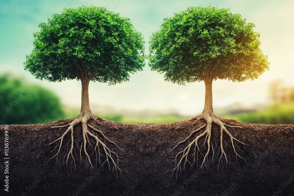 Obraz premium Two Trees Intertwined: A Symbol of Connection, Trust, and Collaborative Growth in Business