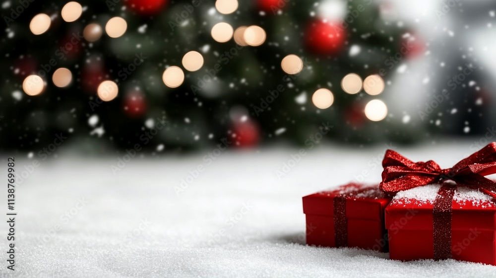 Christmas Gift Boxes on Snowy Ground with Festive Trees Christmas Gift Boxes on Snowy Ground with Festive Trees