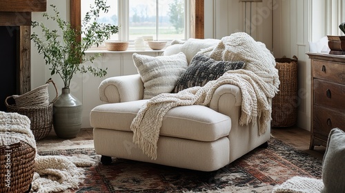 Cozy armchair with blankets in a rustic living room. photo