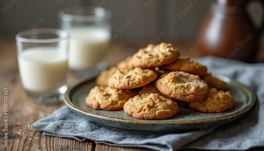 A Plate Of Freshly Baked Cookies Cooling On A Wooden Counter With A Glass Of Milk A Plate Of Freshly Baked Cookies Cooling On A Wooden Counter With A Glass Of Milk
