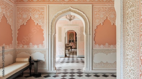 Fototapeta Naklejka Na Ścianę i Meble -  Peach walls, archways, checkered floor, ornate interior.