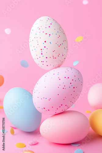 Vibrant pastel eggs with speckles are stacked playfully amid colorful confetti, radiating joy and creativity