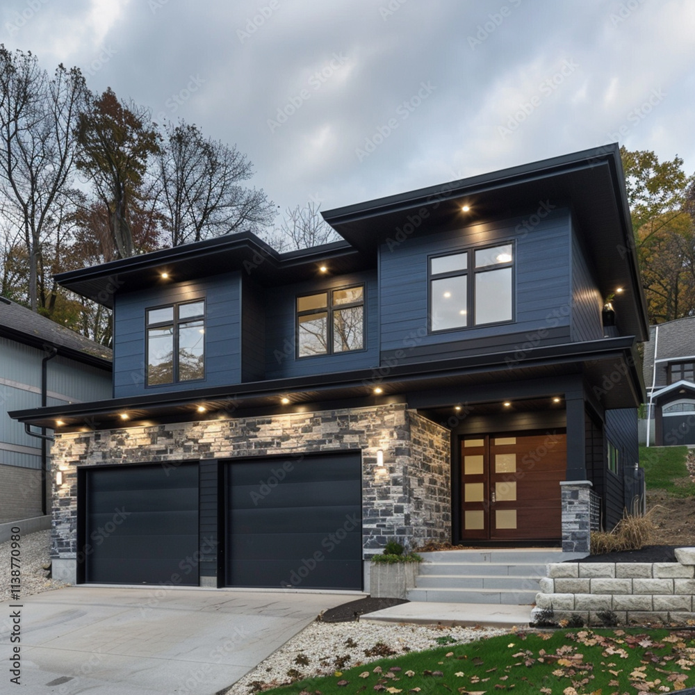 Luxurious new construction home, modern style home two car garage, blue siding natural stone wall, Luxurious new construction home, modern style home two car garage, blue siding natural stone wall,