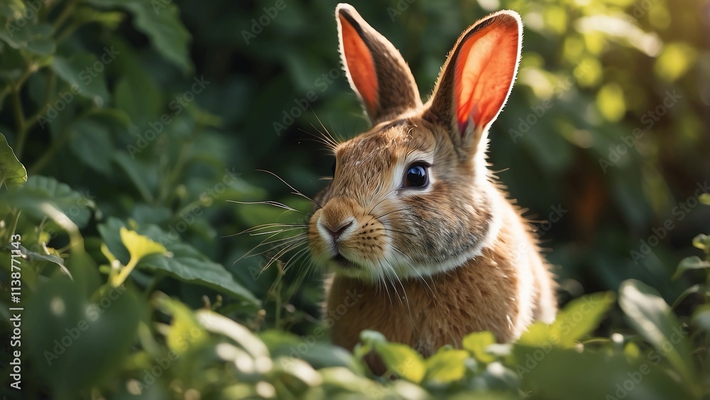 Fototapeta premium A curious rabbit nibbling tender leaves in a sunlit garden
