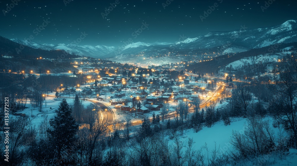 Obraz premium Suburban landscape with mountains in winter at night. Perspective view with roads and houses. Cartoon vector illustration