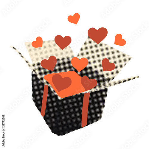 Red hearts popping out of open gift box halftone art collage paper clipping sticker. Valentine's day mystery box. Vintage dotted texture, modern retro vector illustration on transparent background