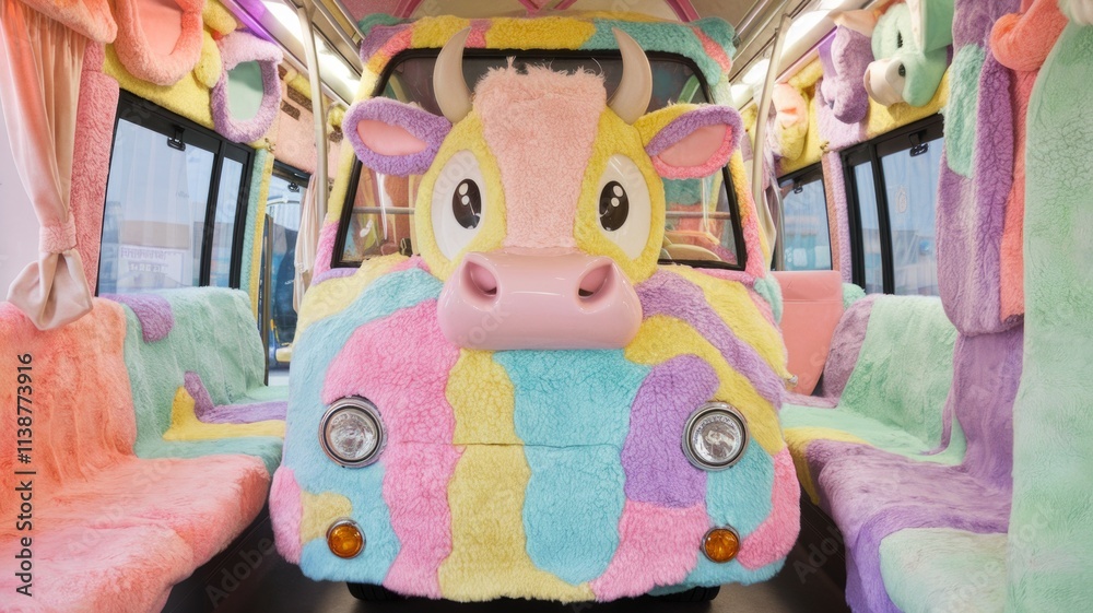 Naklejka premium Fluffy Cow-Themed Bus with Vibrant Pastel Interior Generative aI