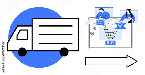 Delivery truck, online shopping interface with people buying items, and direction arrow. Ideal for e-commerce, logistics, online shopping, delivery services, digital marketing, supply chain