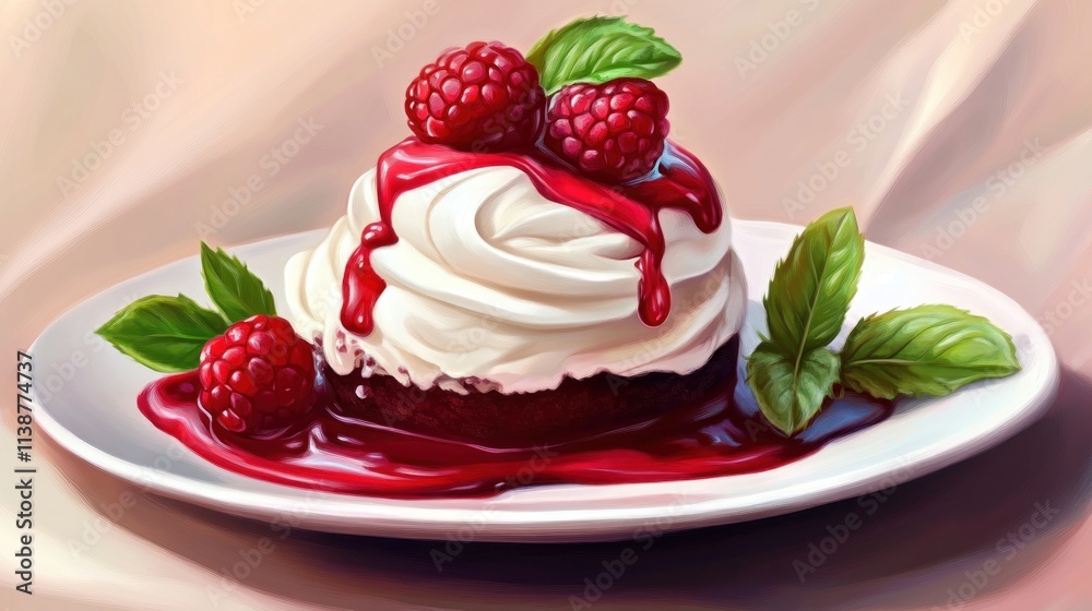 Dessert with whipped cream, raspberries, and sauce. Dessert with whipped cream, raspberries, and sauce.